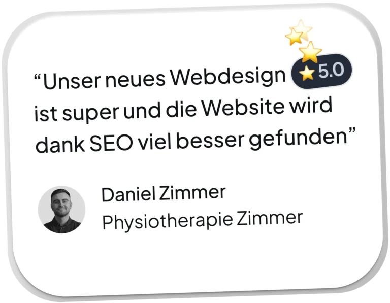Kundenbewertung zu Webdesign und SEO. 5 Sterne. Dargestellt auf einer Kachel